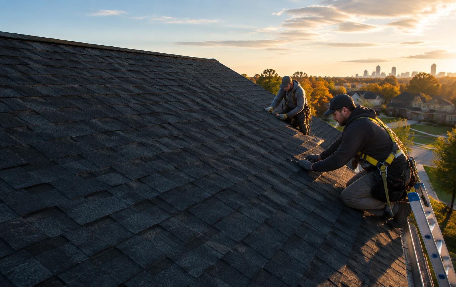 Roofing crew working on a residential roof
